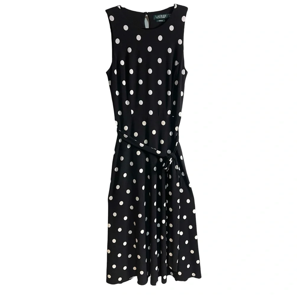 Ralph Lauren Black & White Polka Dot Midi Sleeveless Dress Belted Women’s Size 2 - Picture 4 of 11